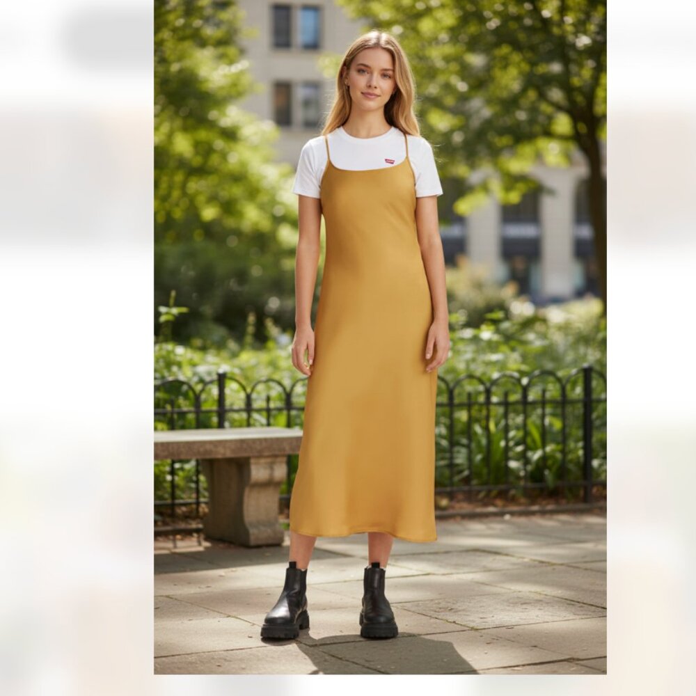 NWT LEVI'S DALIA SLIP DRESS Mustard Yellow GOLD Satin XL